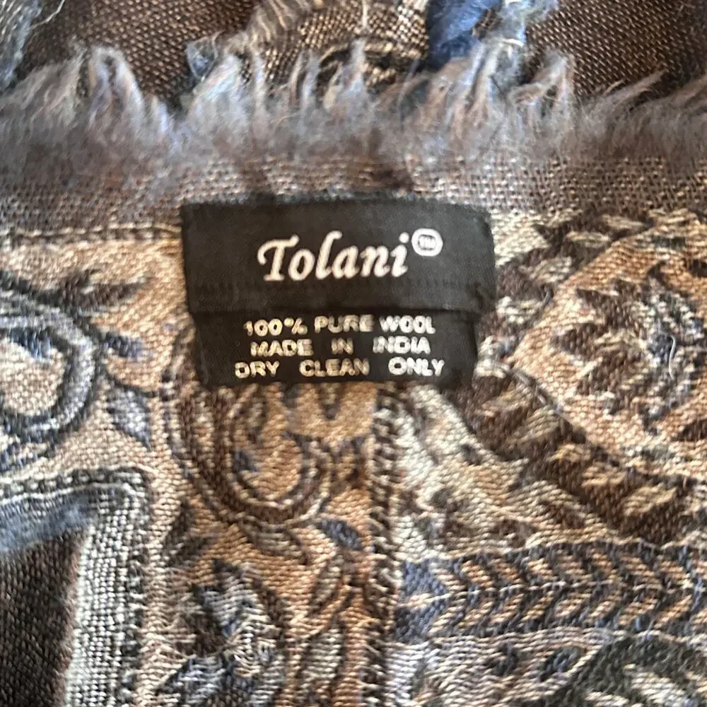 Tolani 100% Wool Scarf Brown Blue Embroidered Sequins Paisley Fringe Oversized